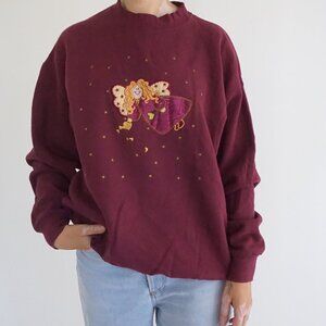 Vintage B Wear Burgundy Angel Fairy Star Moon Embroidered Crewneck Sweatshirt L